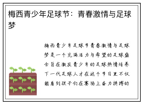 梅西青少年足球节：青春激情与足球梦